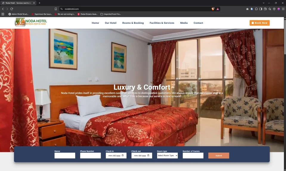 Noda Hotel website with a room booking bar
