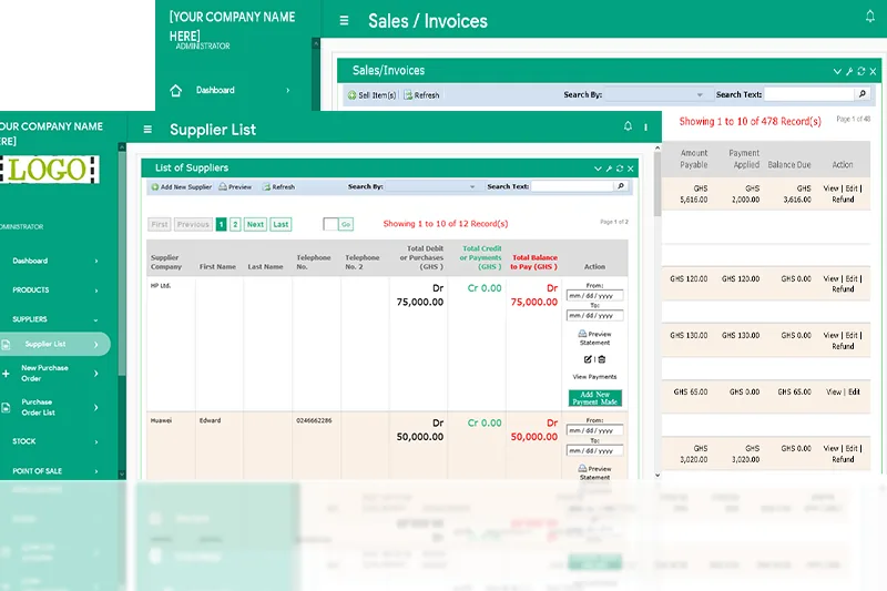 Easy Balance sales invoices and supplier list screens