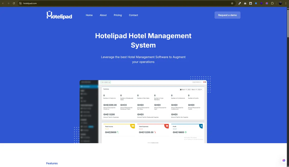 Hotelipad hotel management system homepage with a revenue dashboard